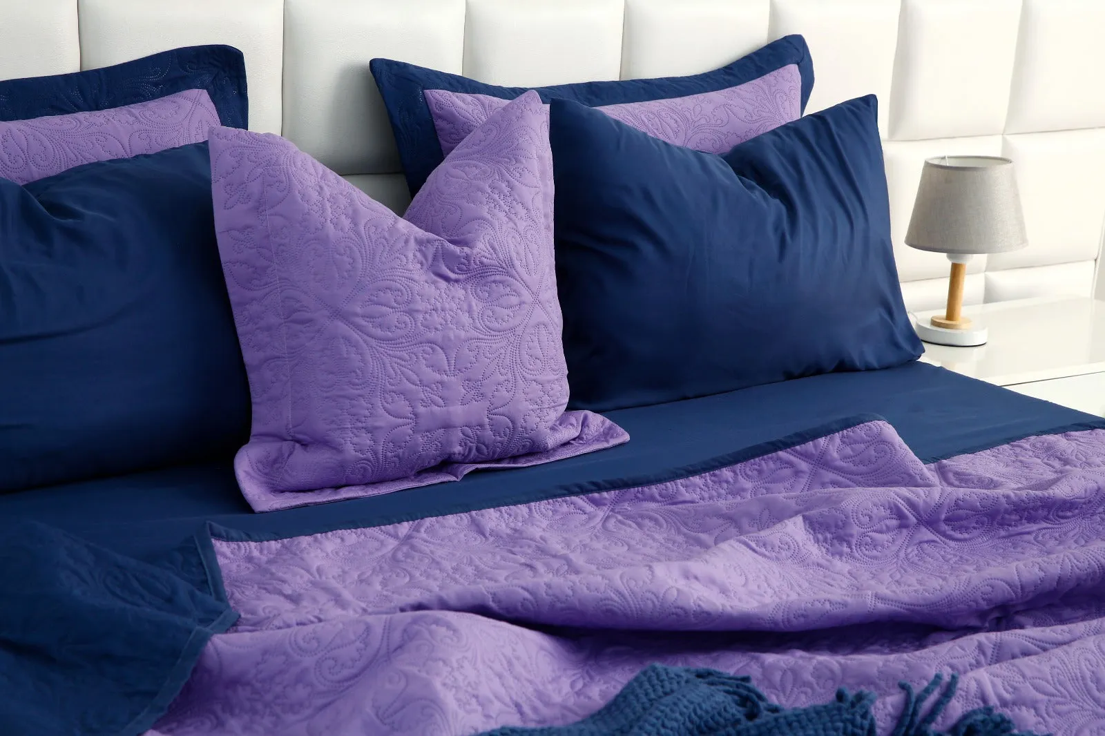 7 PCs Ultrasonic Bed Spread Set-Navy Blue Over Purple