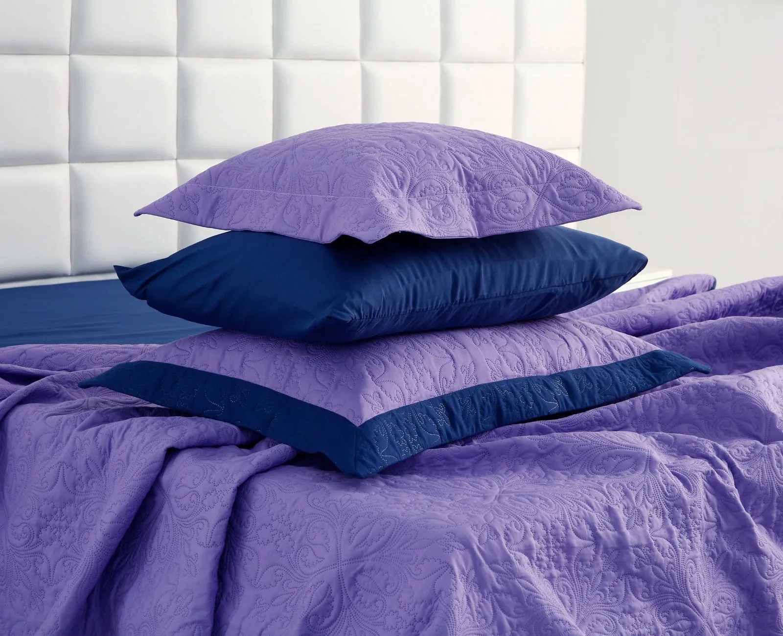 7 PCs Ultrasonic Bed Spread Set-Navy Blue Over Purple