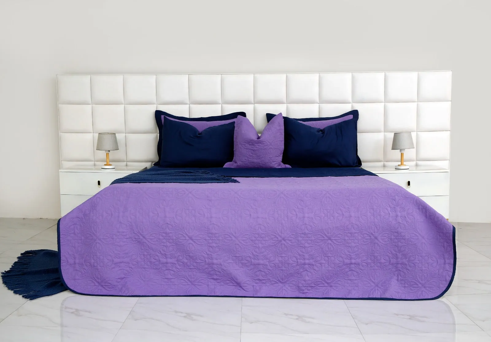 7 PCs Ultrasonic Bed Spread Set-Navy Blue Over Purple