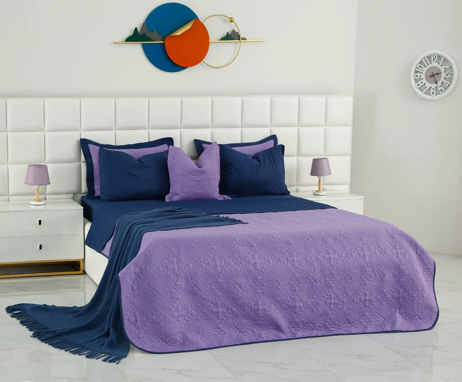 7 PCs Ultrasonic Bed Spread Set-Navy Blue Over Purple