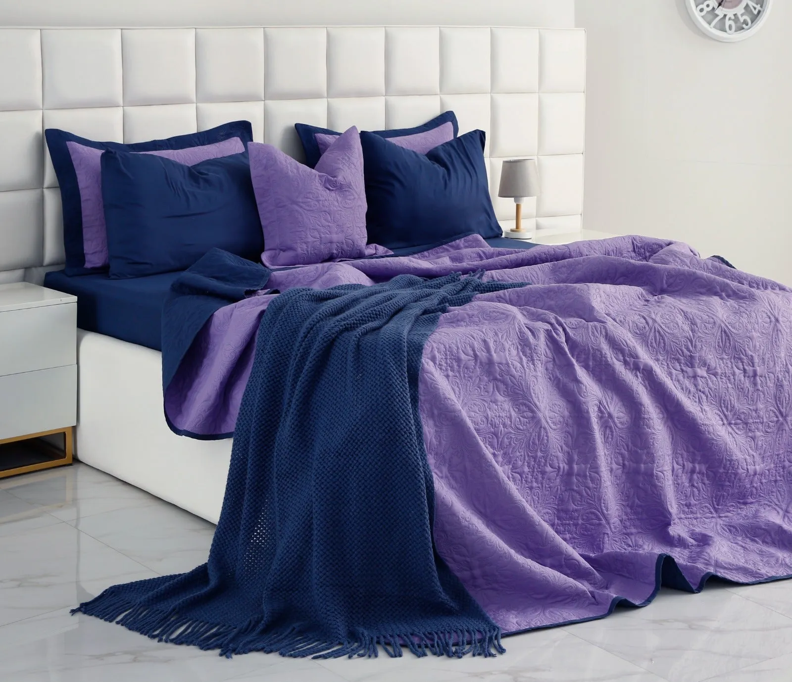 7 PCs Ultrasonic Bed Spread Set-Navy Blue Over Purple