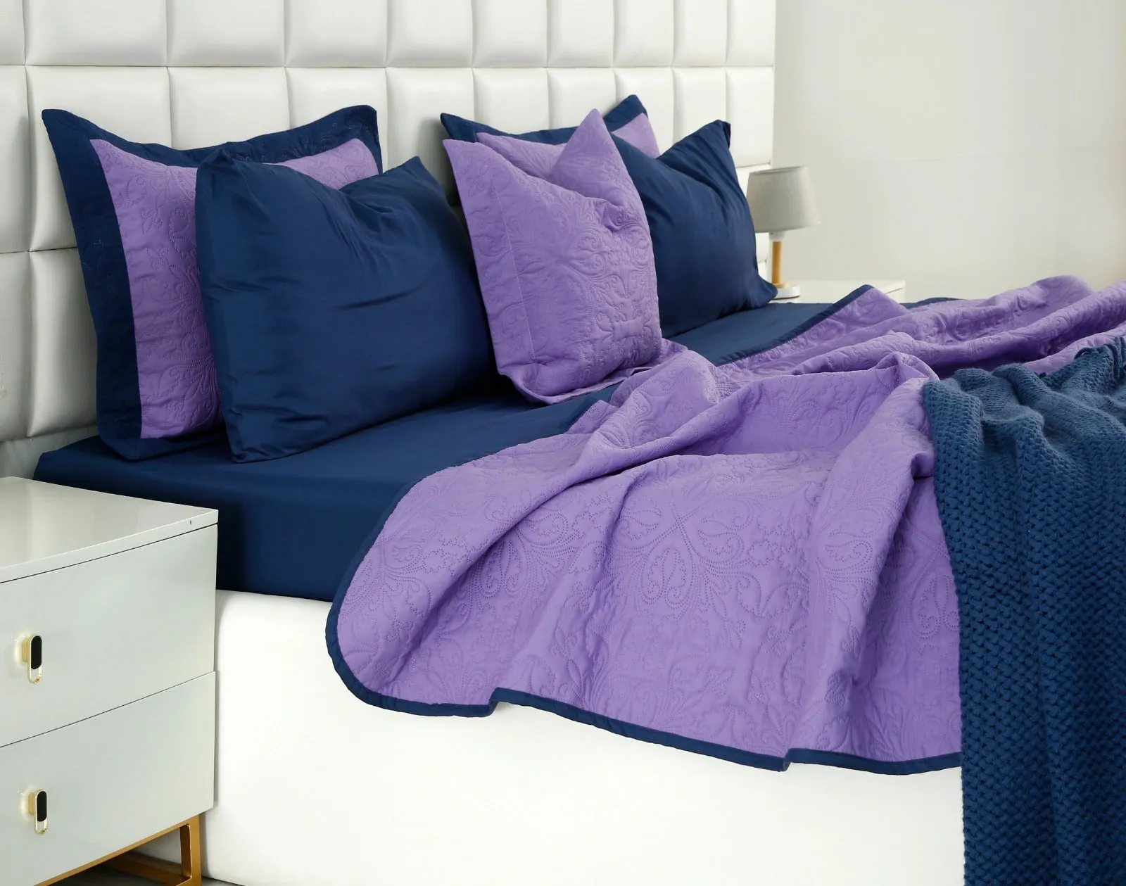 7 PCs Ultrasonic Bed Spread Set-Navy Blue Over Purple