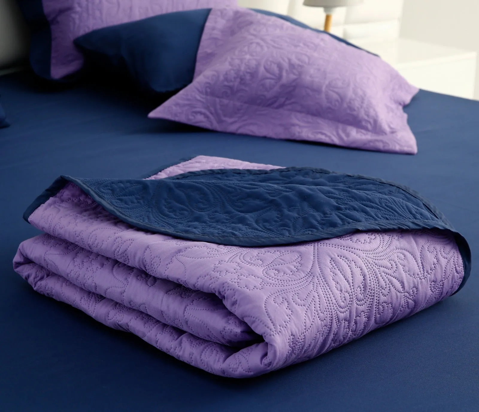 7 PCs Ultrasonic Bed Spread Set-Navy Blue Over Purple