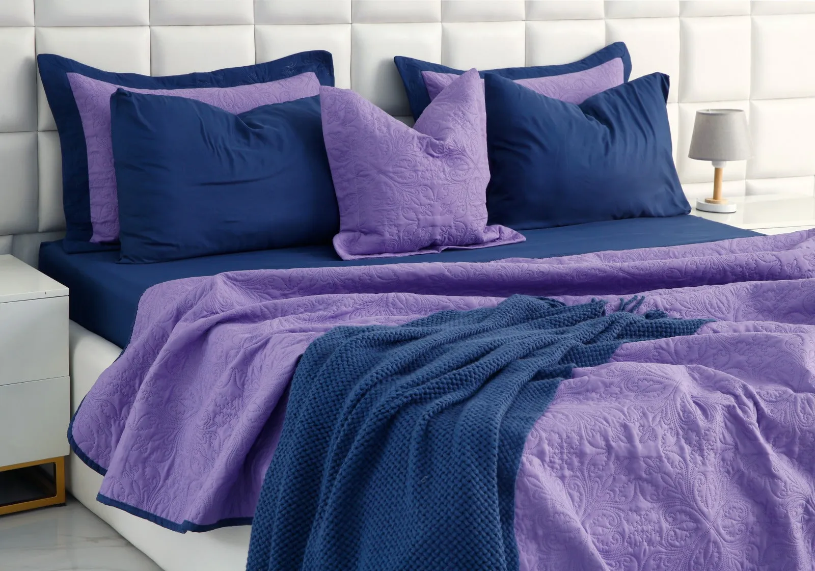 7 PCs Ultrasonic Bed Spread Set-Navy Blue Over Purple