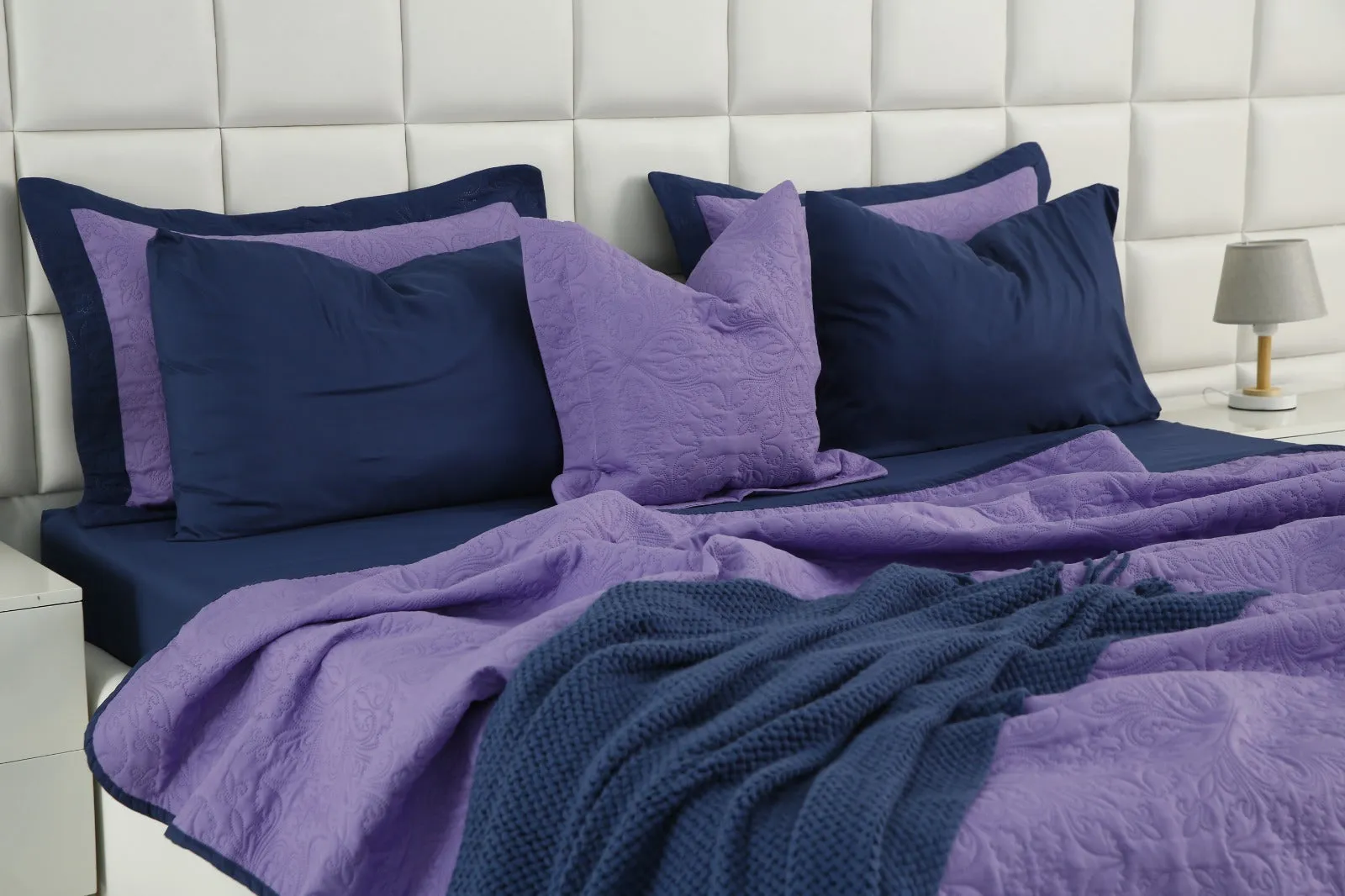 7 PCs Ultrasonic Bed Spread Set-Navy Blue Over Purple