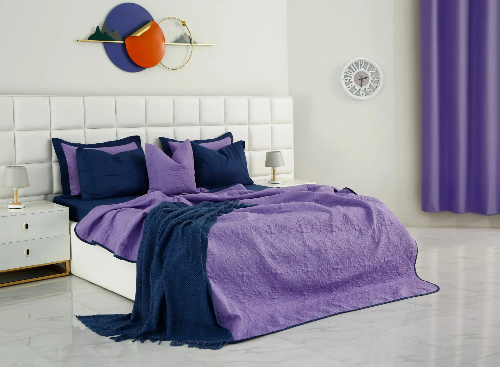 7 PCs Ultrasonic Bed Spread Set-Navy Blue Over Purple