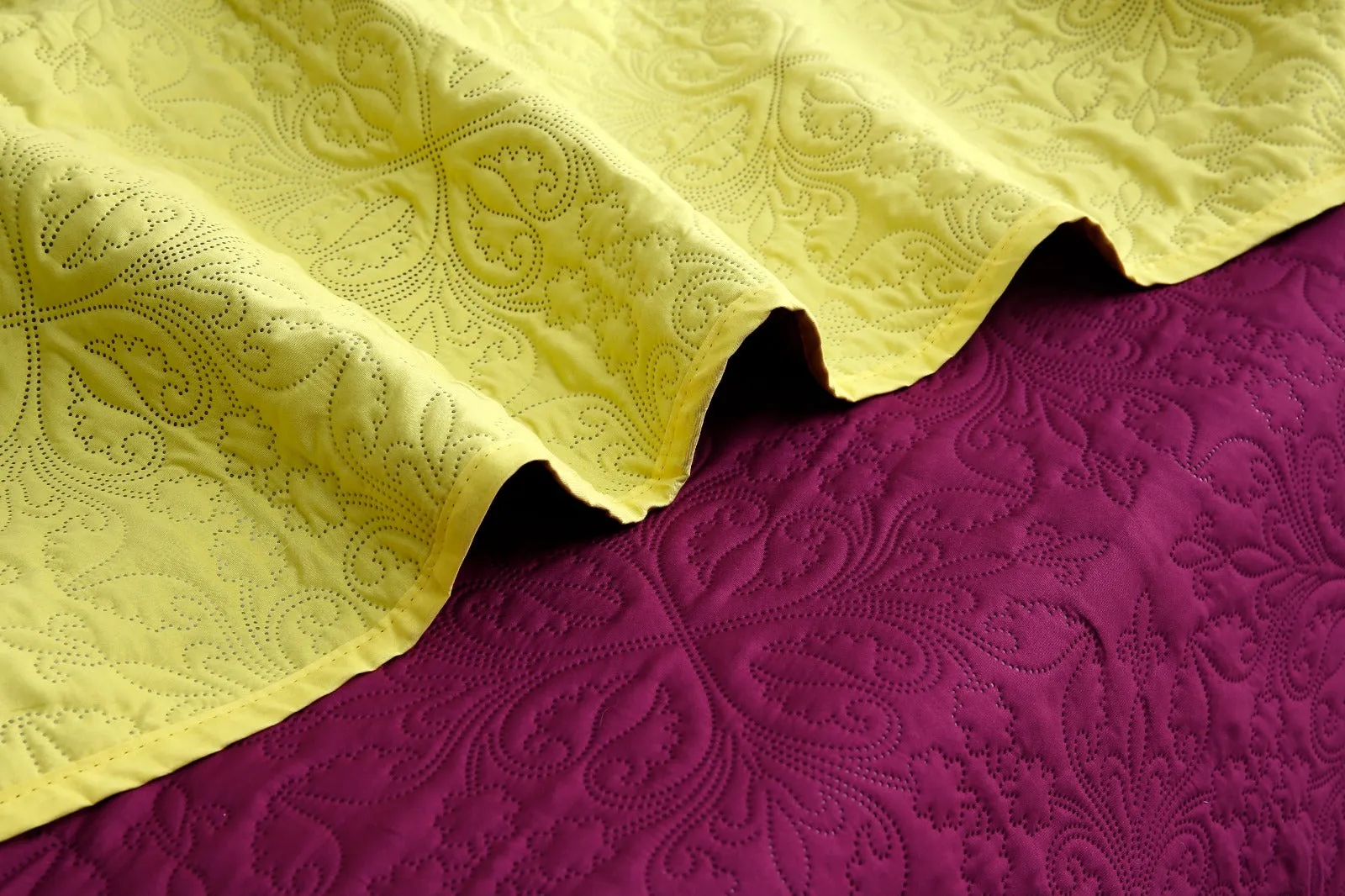 7 PCs Ultrasonic Bed Spread Set-Yellow Over Plum