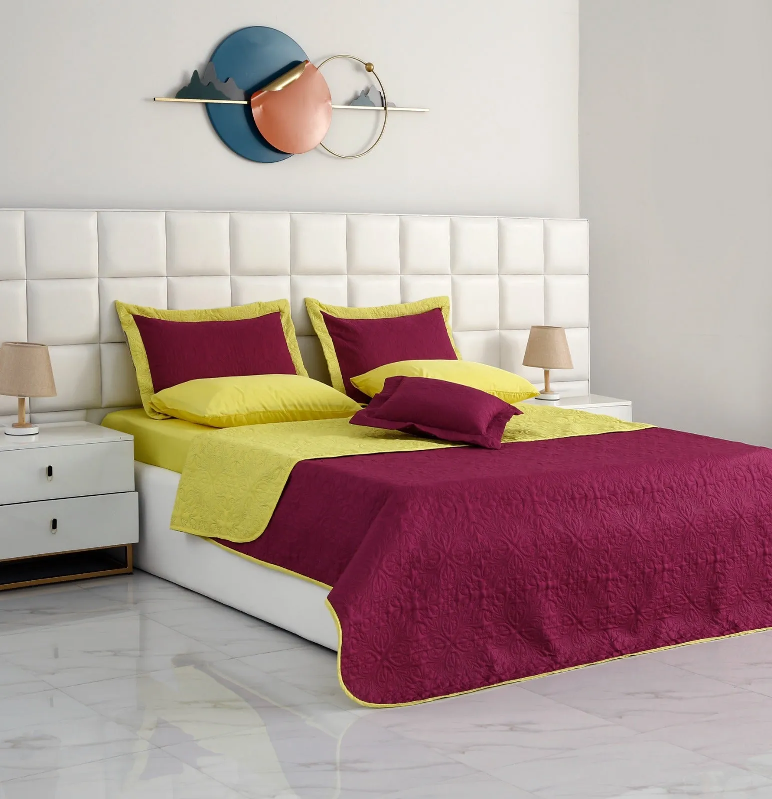 7 PCs Ultrasonic Bed Spread Set-Yellow Over Plum