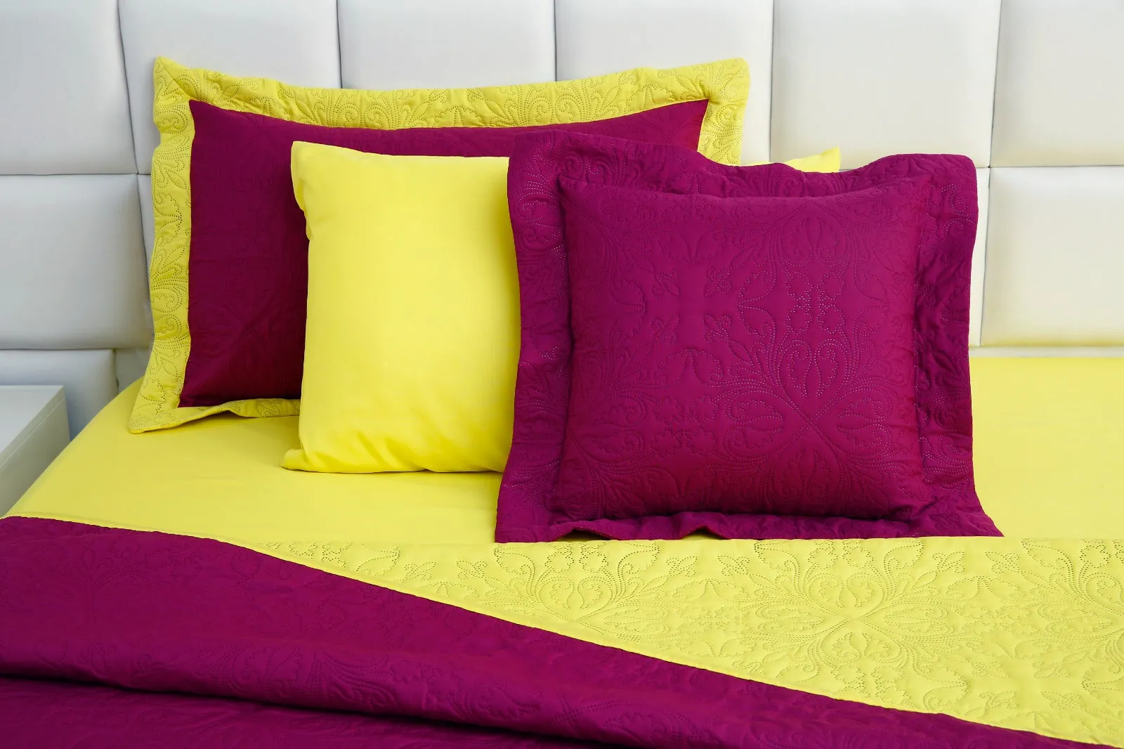 7 PCs Ultrasonic Bed Spread Set-Yellow Over Plum