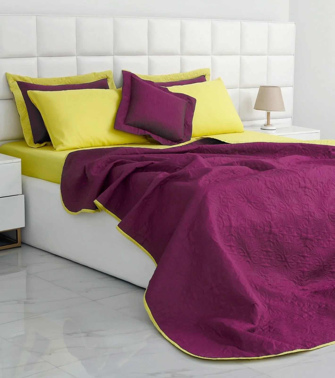 7 PCs Ultrasonic Bed Spread Set-Yellow Over Plum