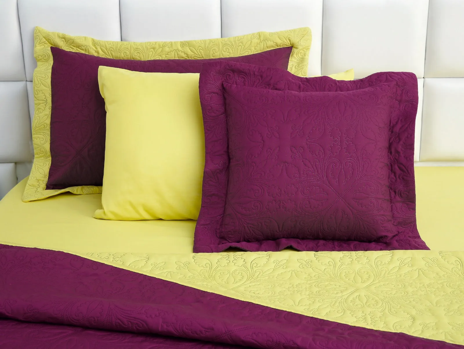 7 PCs Ultrasonic Bed Spread Set-Yellow Over Plum