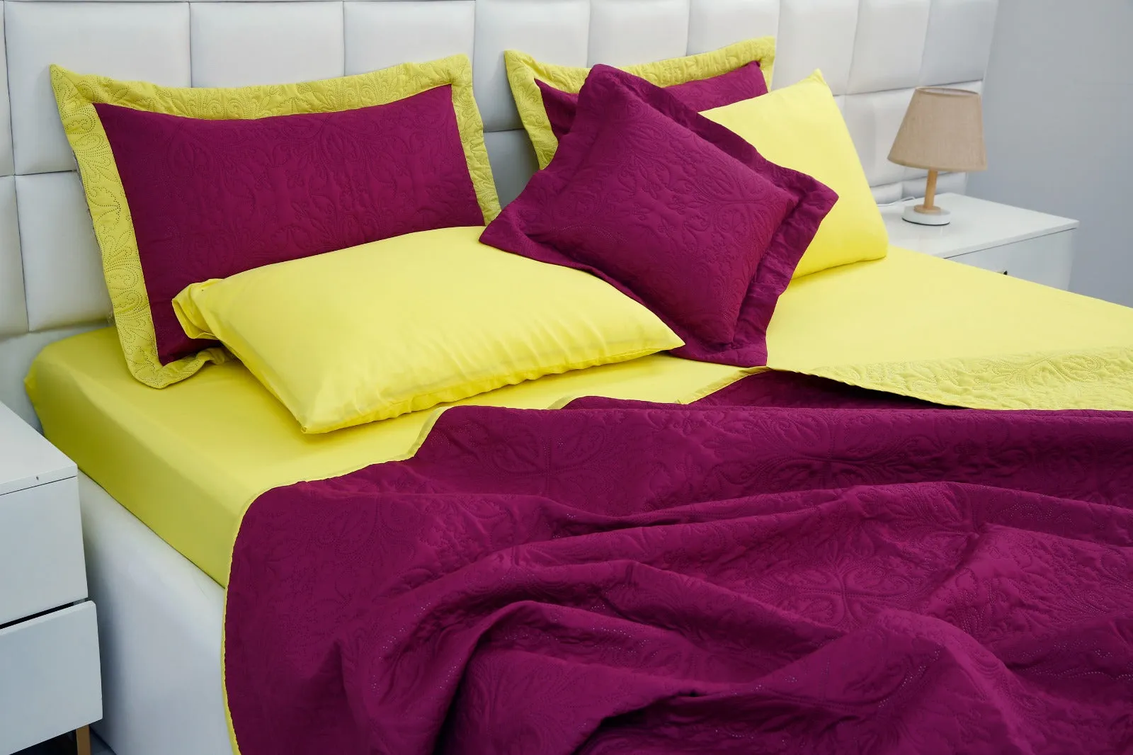 7 PCs Ultrasonic Bed Spread Set-Yellow Over Plum