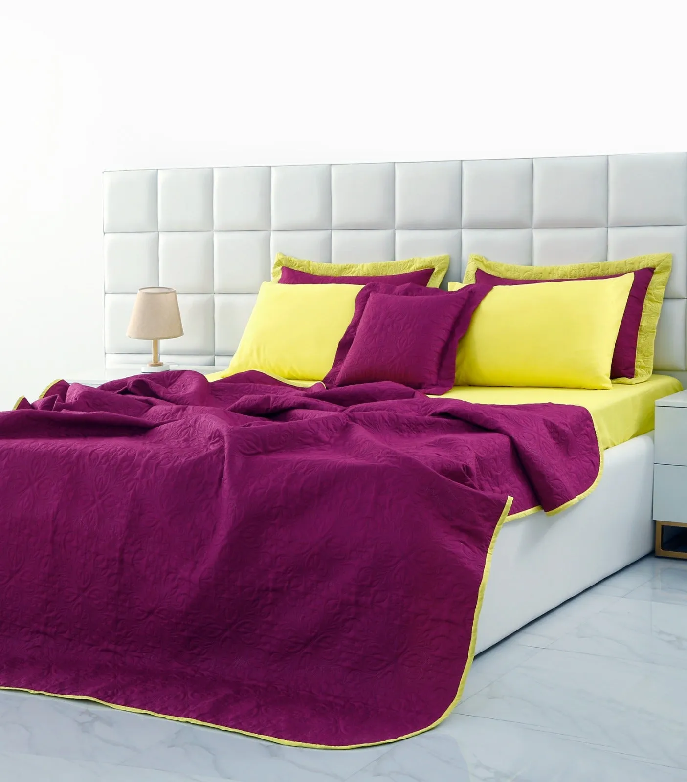 7 PCs Ultrasonic Bed Spread Set-Yellow Over Plum