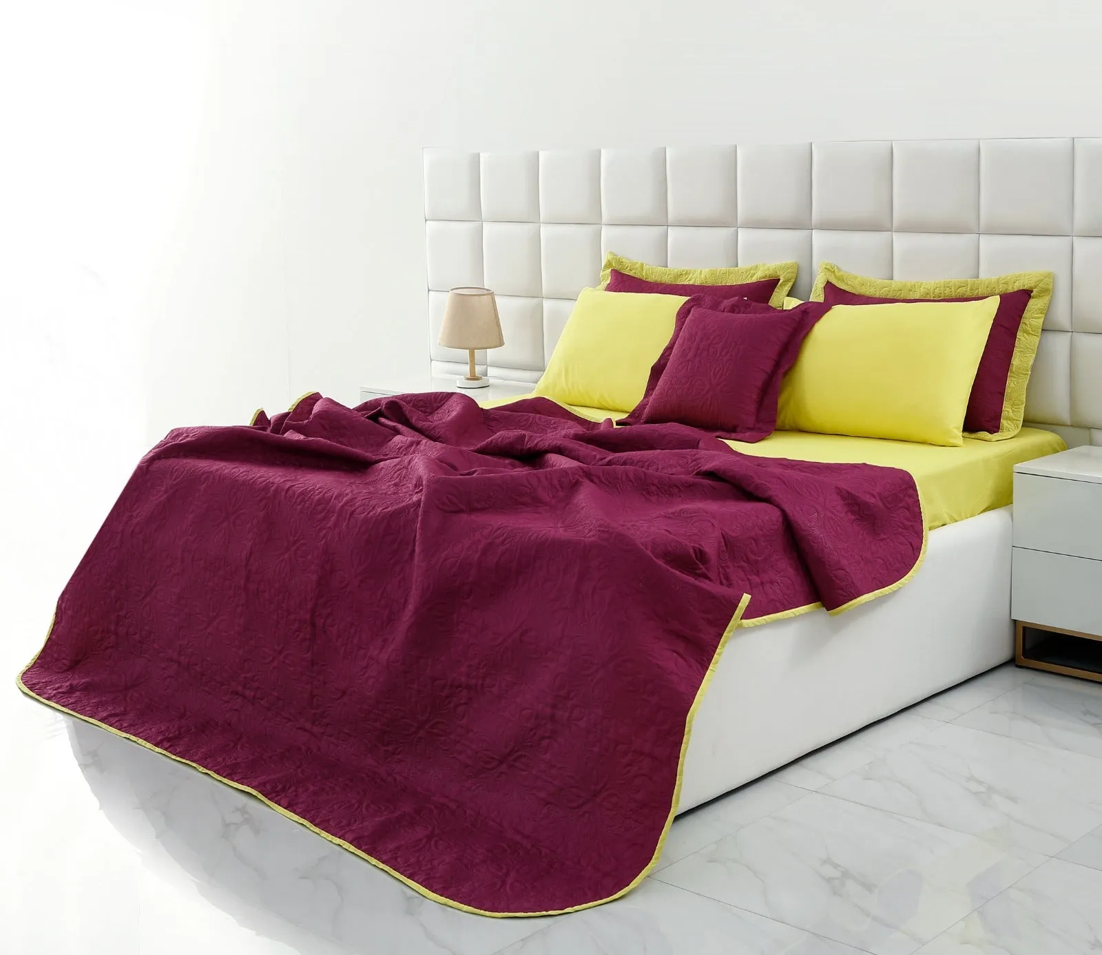 7 PCs Ultrasonic Bed Spread Set-Yellow Over Plum