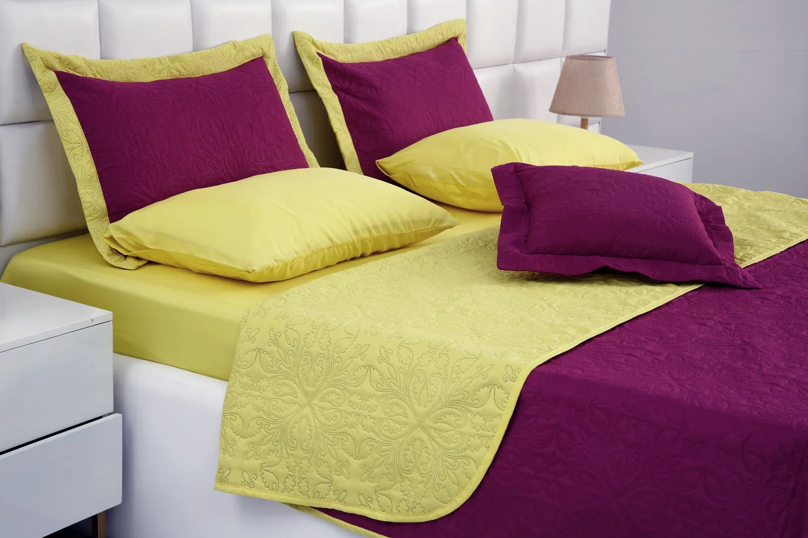 7 PCs Ultrasonic Bed Spread Set-Yellow Over Plum