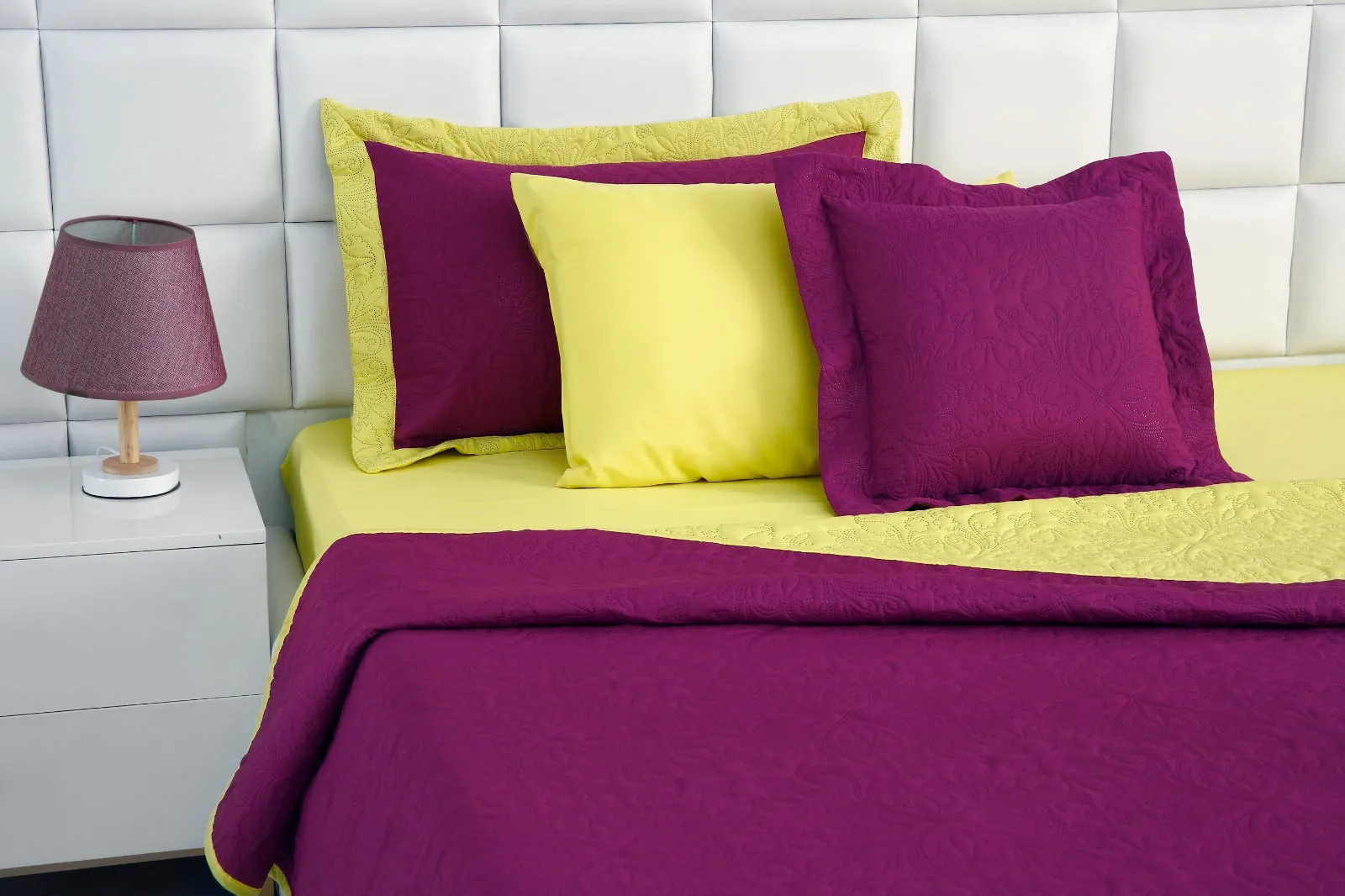 7 PCs Ultrasonic Bed Spread Set-Yellow Over Plum