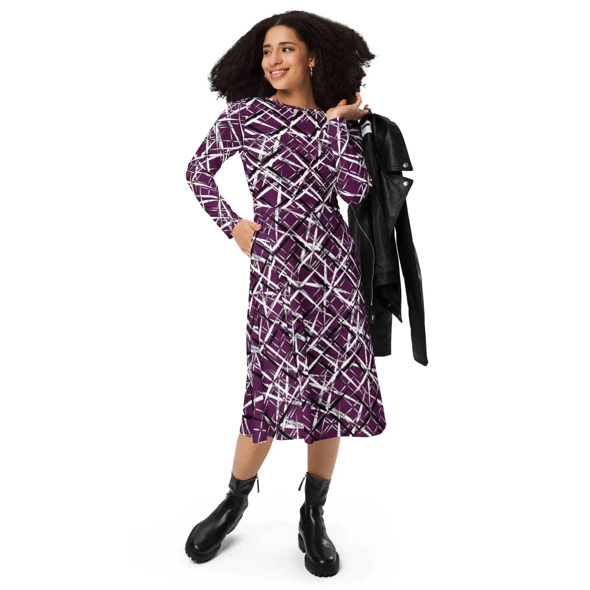 Abstract Art Dress, All-over Print Long Sleeve Midi Dress, Trendy Preppy Modest Purple Dress , Evening Party Dress