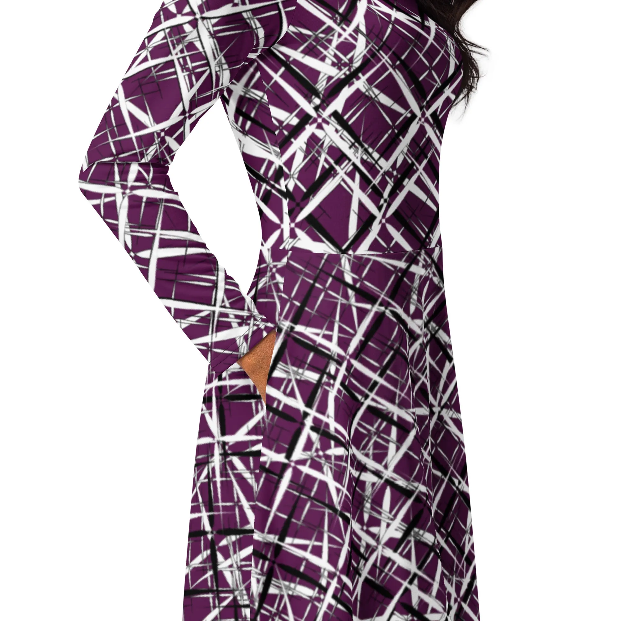 Abstract Art Dress, All-over Print Long Sleeve Midi Dress, Trendy Preppy Modest Purple Dress , Evening Party Dress