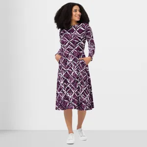 Abstract Art Dress, All-over Print Long Sleeve Midi Dress, Trendy Preppy Modest Purple Dress , Evening Party Dress