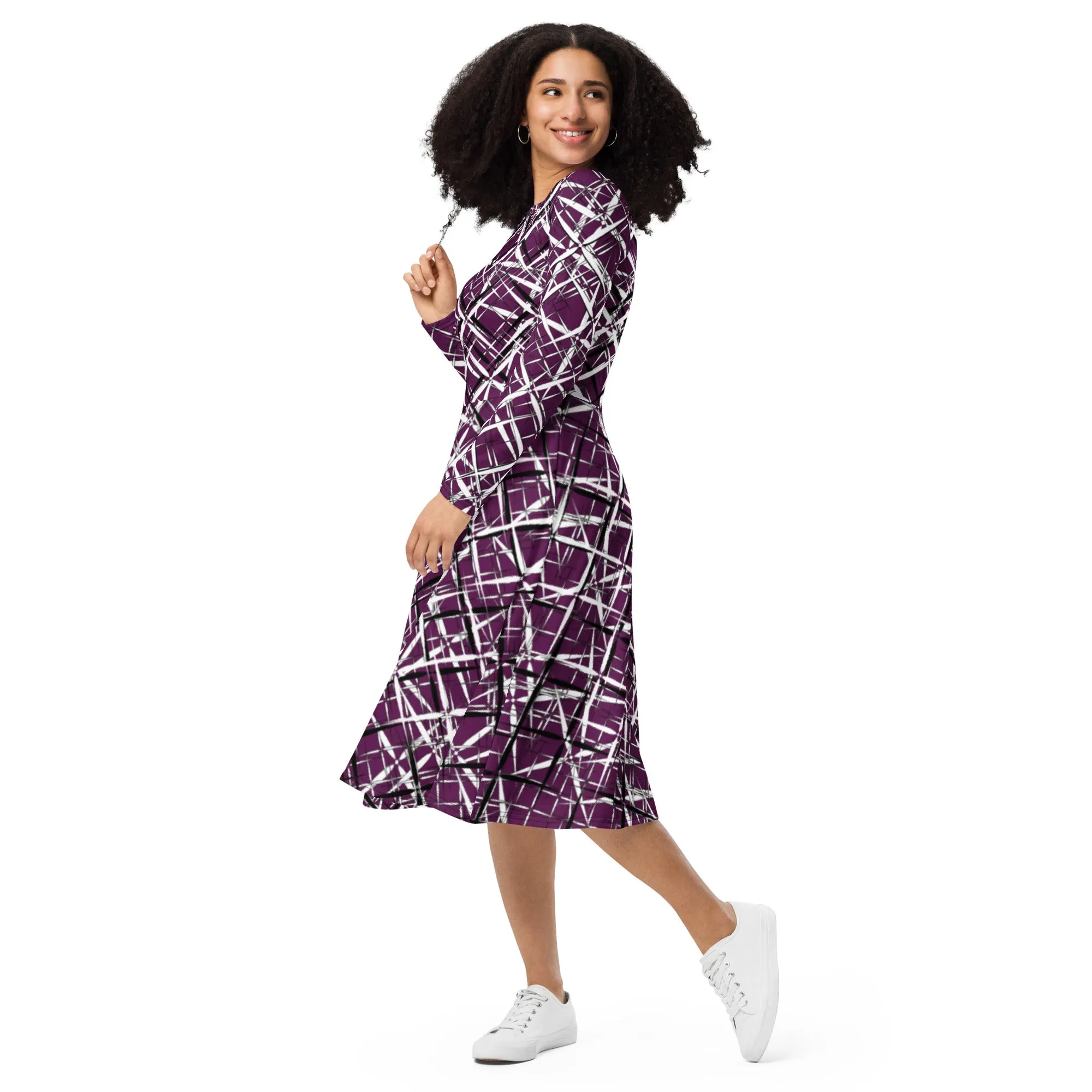 Abstract Art Dress, All-over Print Long Sleeve Midi Dress, Trendy Preppy Modest Purple Dress , Evening Party Dress