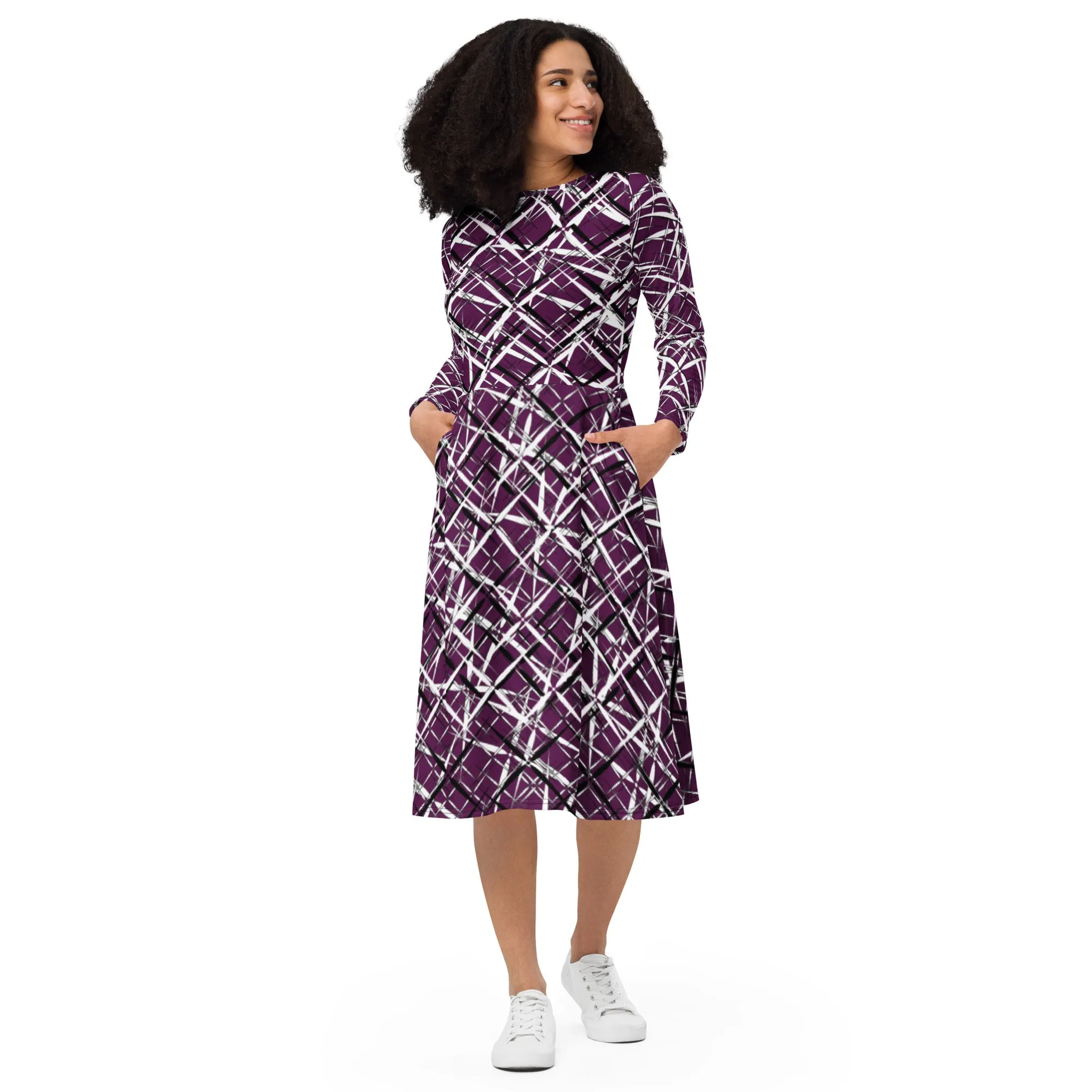 Abstract Art Dress, All-over Print Long Sleeve Midi Dress, Trendy Preppy Modest Purple Dress , Evening Party Dress