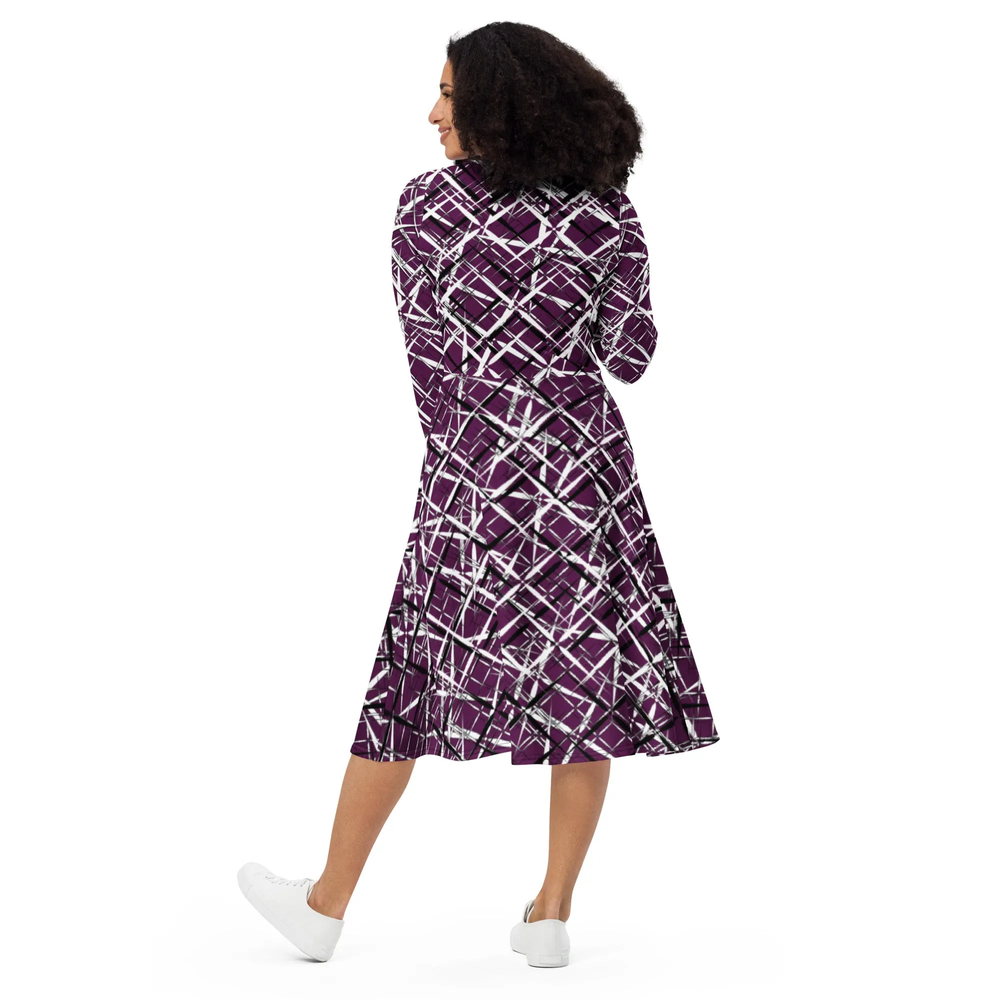 Abstract Art Dress, All-over Print Long Sleeve Midi Dress, Trendy Preppy Modest Purple Dress , Evening Party Dress