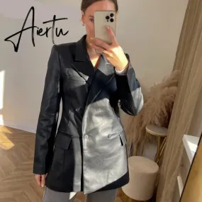 Aiertu  Autumn New Leather Blazer Jacket Women Spring PU Single Button Coat Fit Waist Motorcycle Fashion Jackets Street Outwear