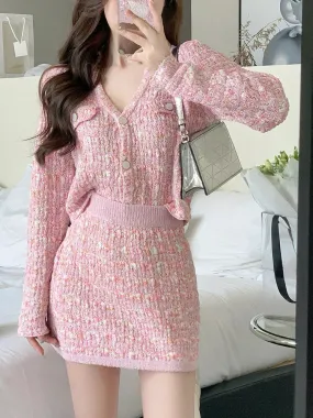 Aiertu Two Piece Dress Set Sweet Cardigan Sweater   Slim Skirt Pink Elegant Y2k Mini Dress Autumn Office Lady Casual Knitted Suits