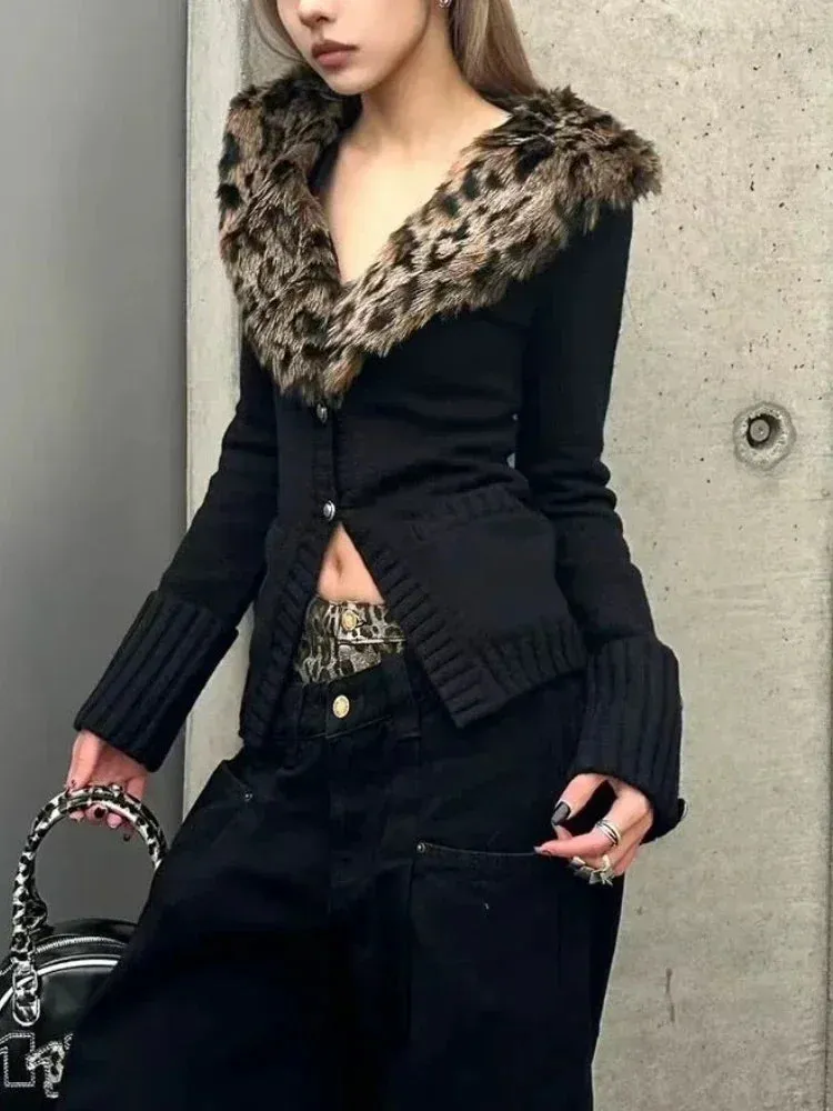 Aiertu WINTER OUTFITS Leopard Cardigan Women Japanese Gyaru V-neck Long Sleeve Streetwear Slim Sexy Cardigan Sweater Y2k Vintage Top Autumn