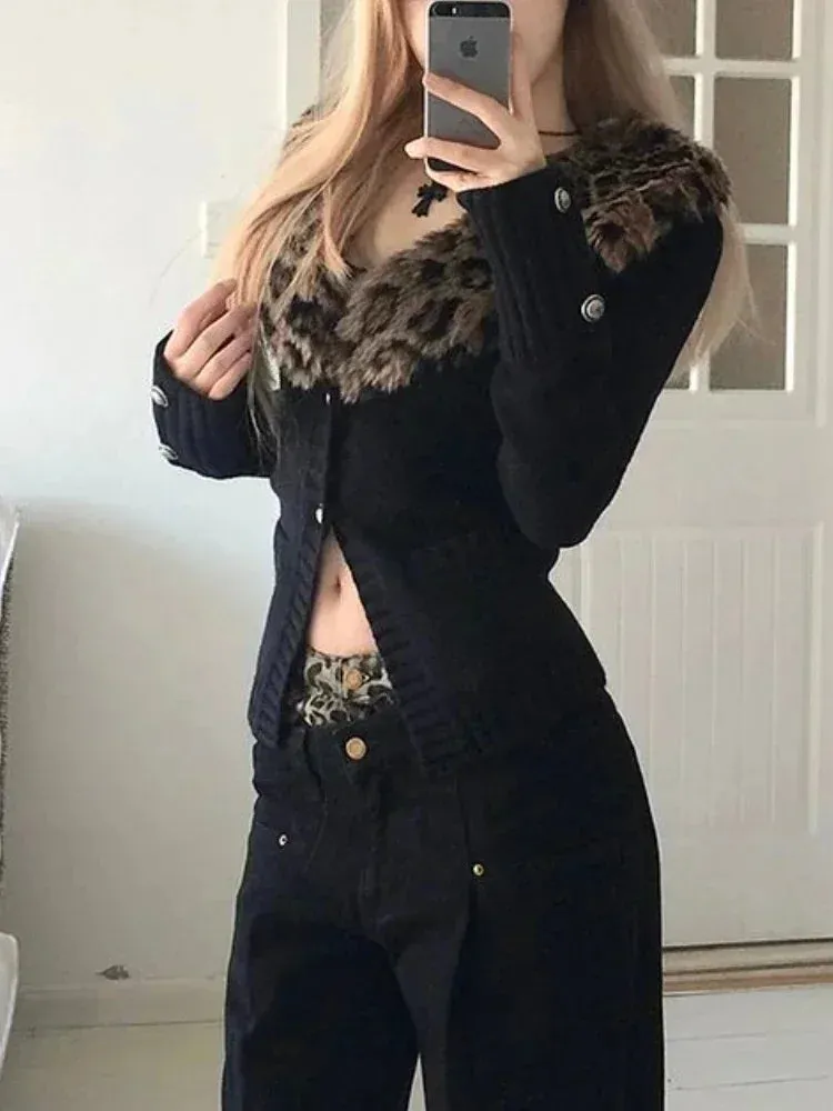 Aiertu WINTER OUTFITS Leopard Cardigan Women Japanese Gyaru V-neck Long Sleeve Streetwear Slim Sexy Cardigan Sweater Y2k Vintage Top Autumn