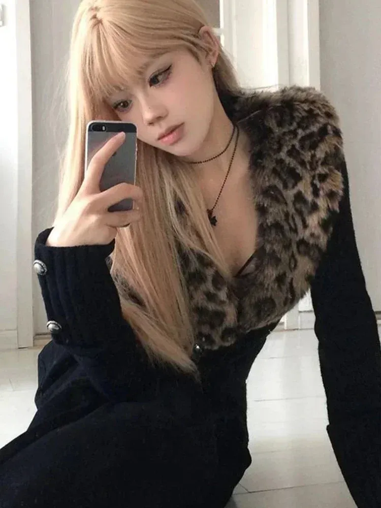 Aiertu WINTER OUTFITS Leopard Cardigan Women Japanese Gyaru V-neck Long Sleeve Streetwear Slim Sexy Cardigan Sweater Y2k Vintage Top Autumn