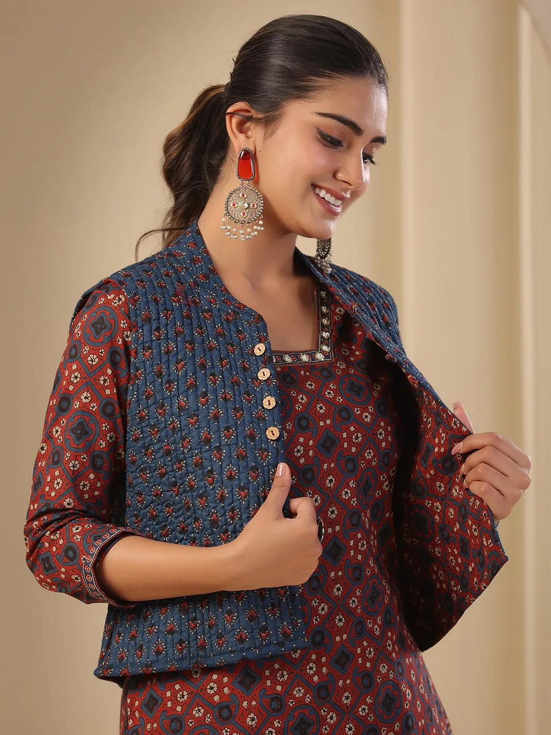 Ajrakh Block Printed Sequins Embroidered Kurta with Quilted Reversible Waist Coat & Pants - Maroon