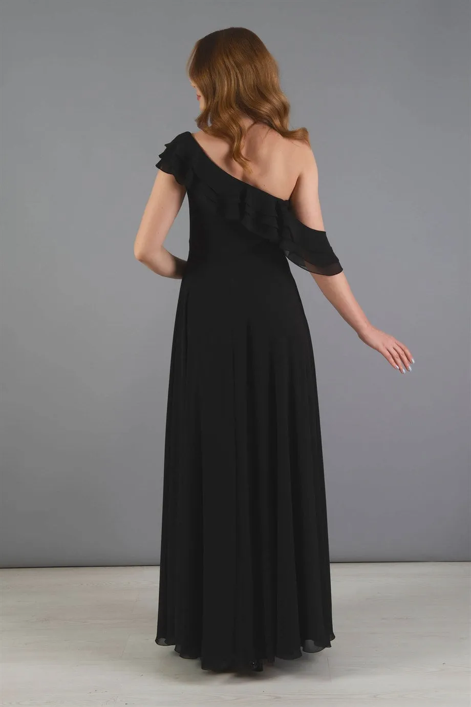 Angelino Black Chiffon Shoulder Dress with Flane Slit Dress