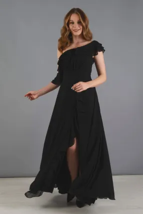 Angelino Black Chiffon Shoulder Dress with Flane Slit Dress