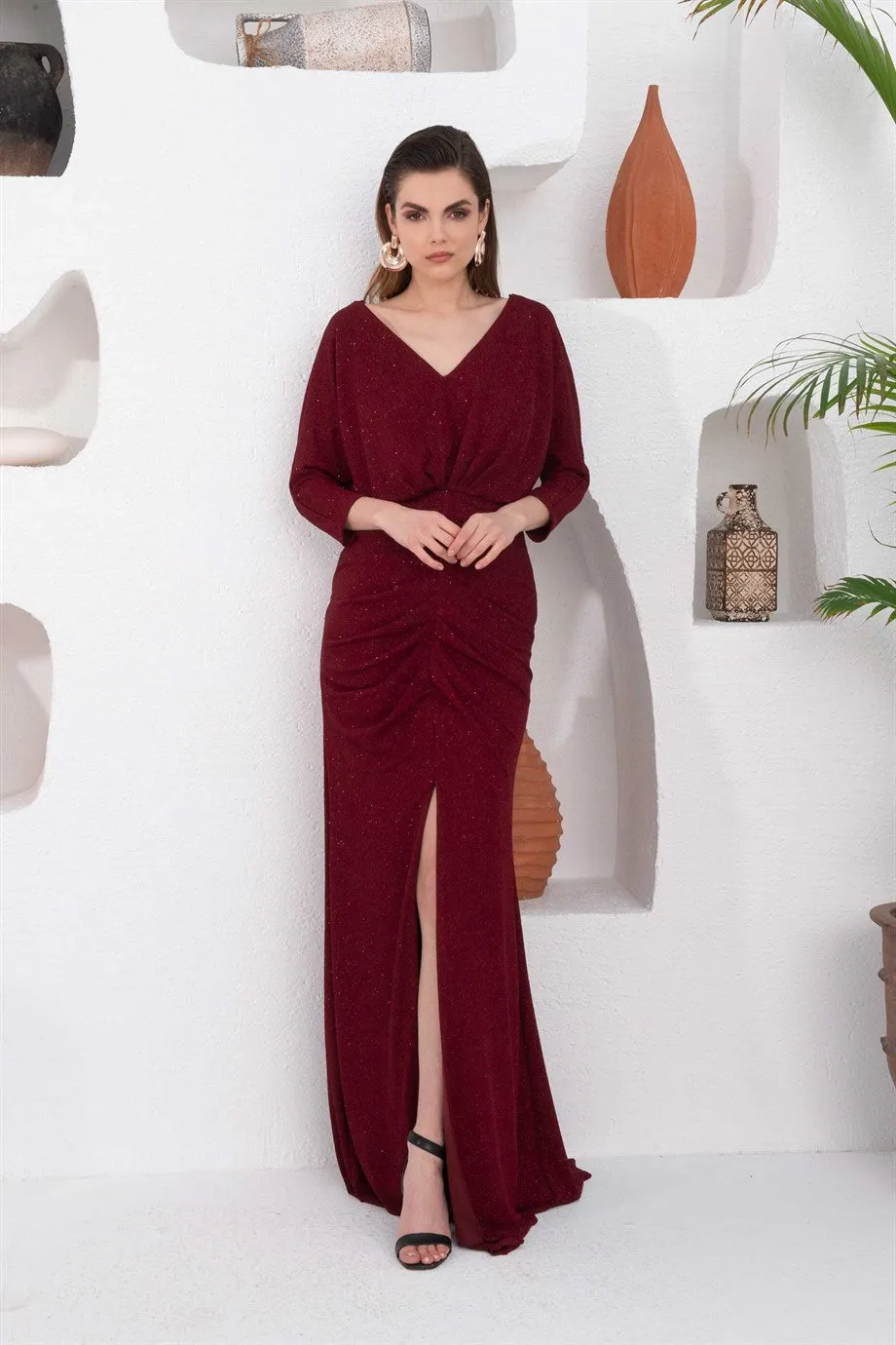 Angelino Burgundy silvery slit dress with long evening dresses