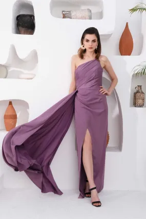 Angelino Lavender Satin One Shoulder Long Evening Dress