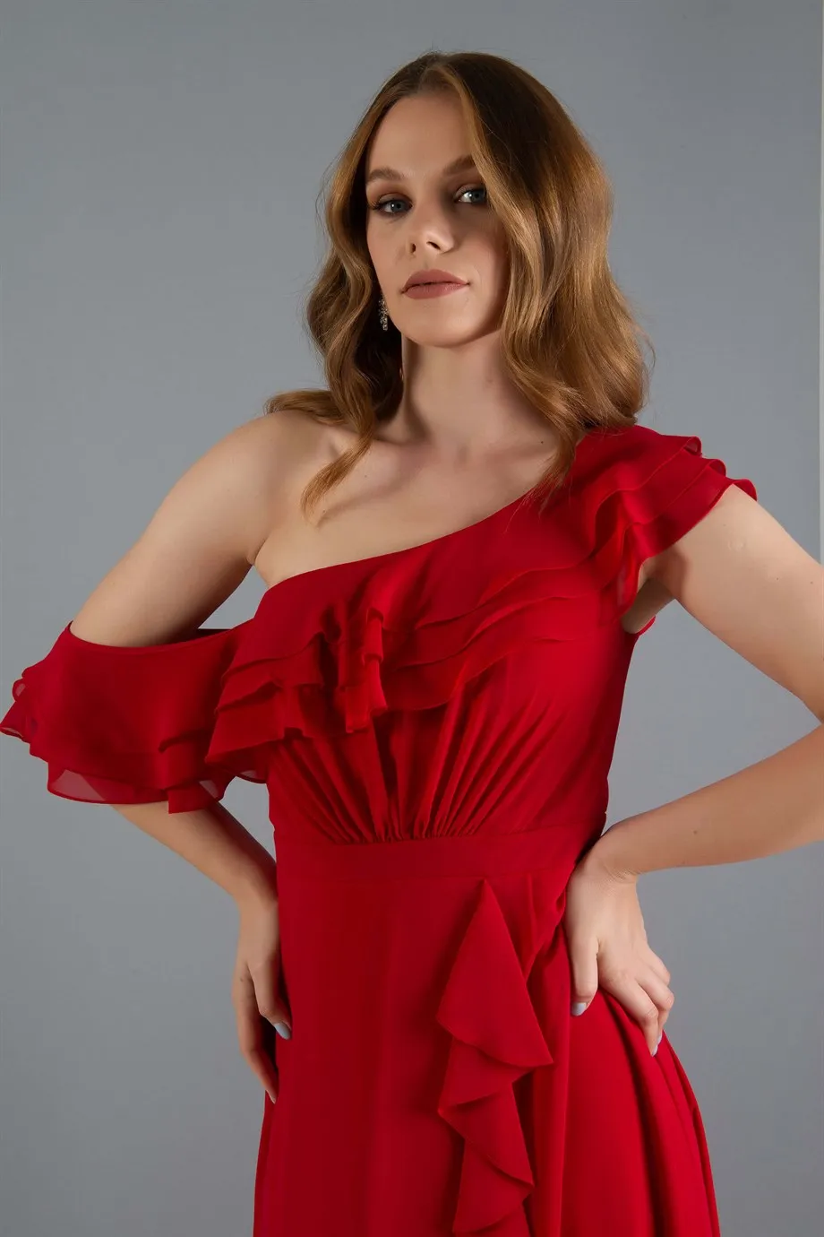 Angelino Red Chiffon Shoulder Dress with Flated Slit Dress