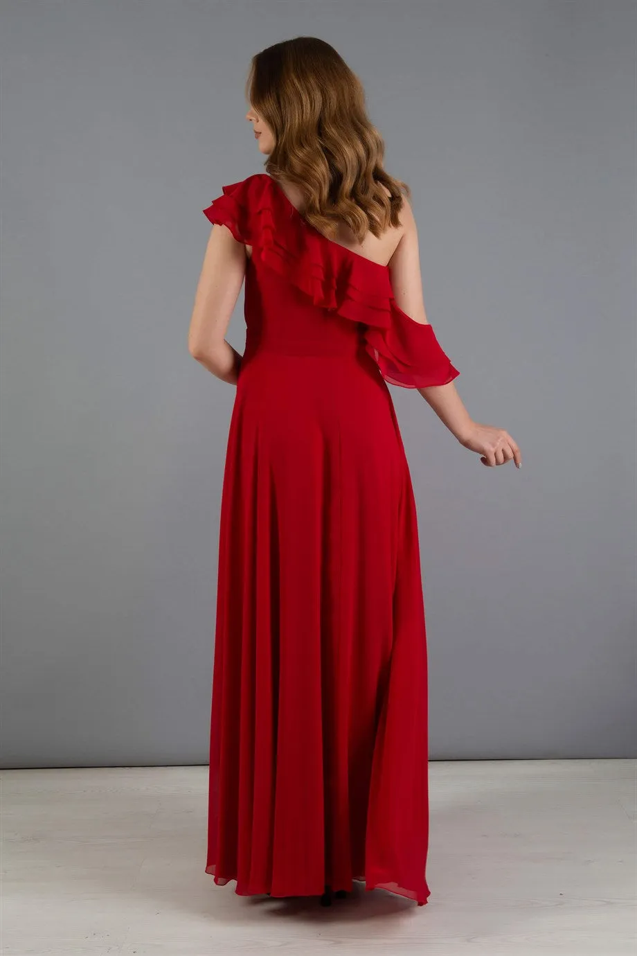 Angelino Red Chiffon Shoulder Dress with Flated Slit Dress