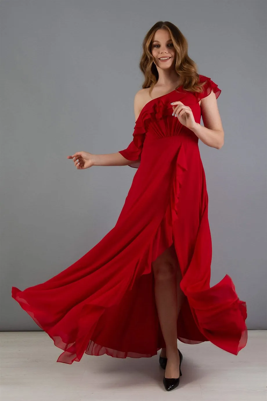 Angelino Red Chiffon Shoulder Dress with Flated Slit Dress