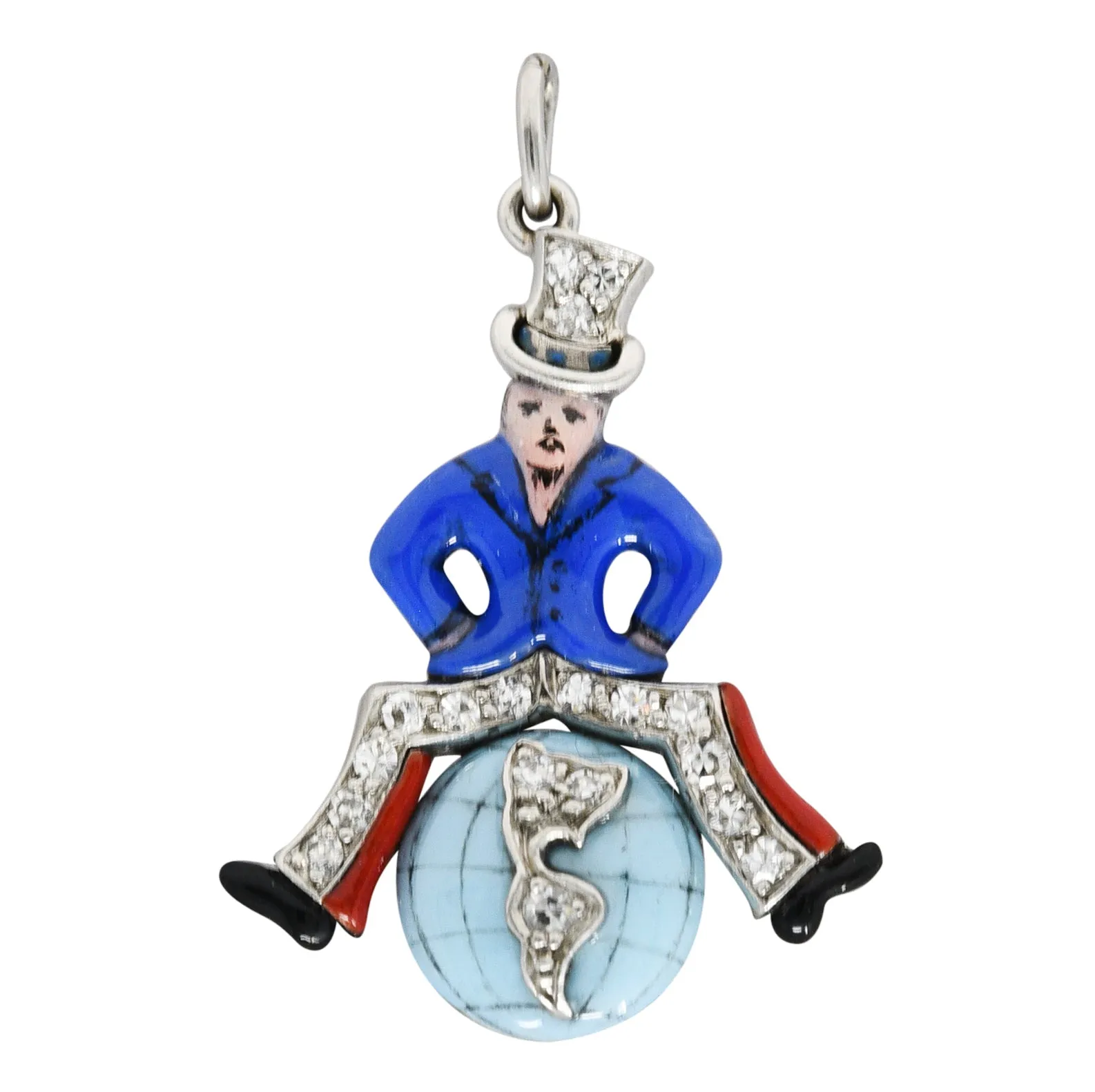 Art Deco Diamond Enamel Platinum Uncle Sam Sitting Globe Charm