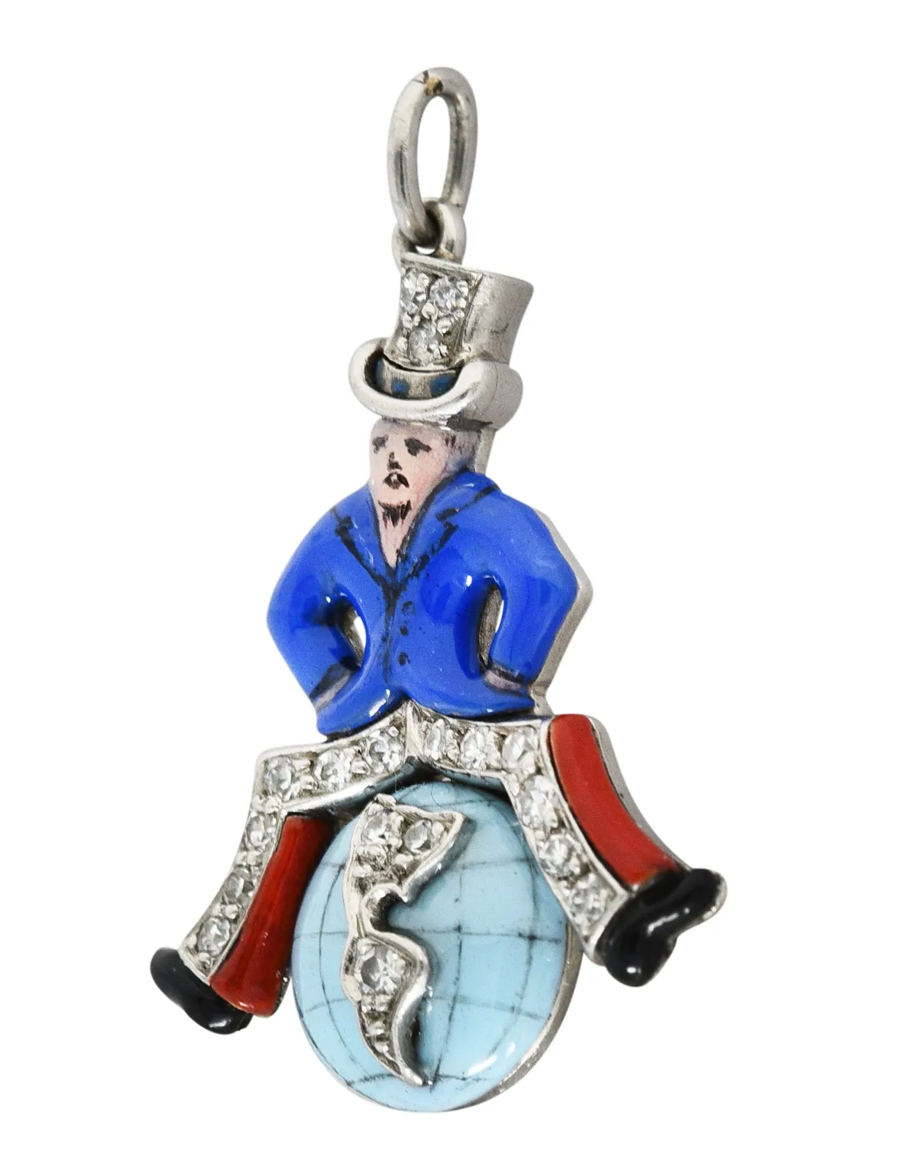 Art Deco Diamond Enamel Platinum Uncle Sam Sitting Globe Charm