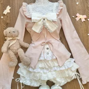 Autumn Cute 3-Piece Set: Pink Cardigan, Suspender Skirt, and Cake Pants AD21167