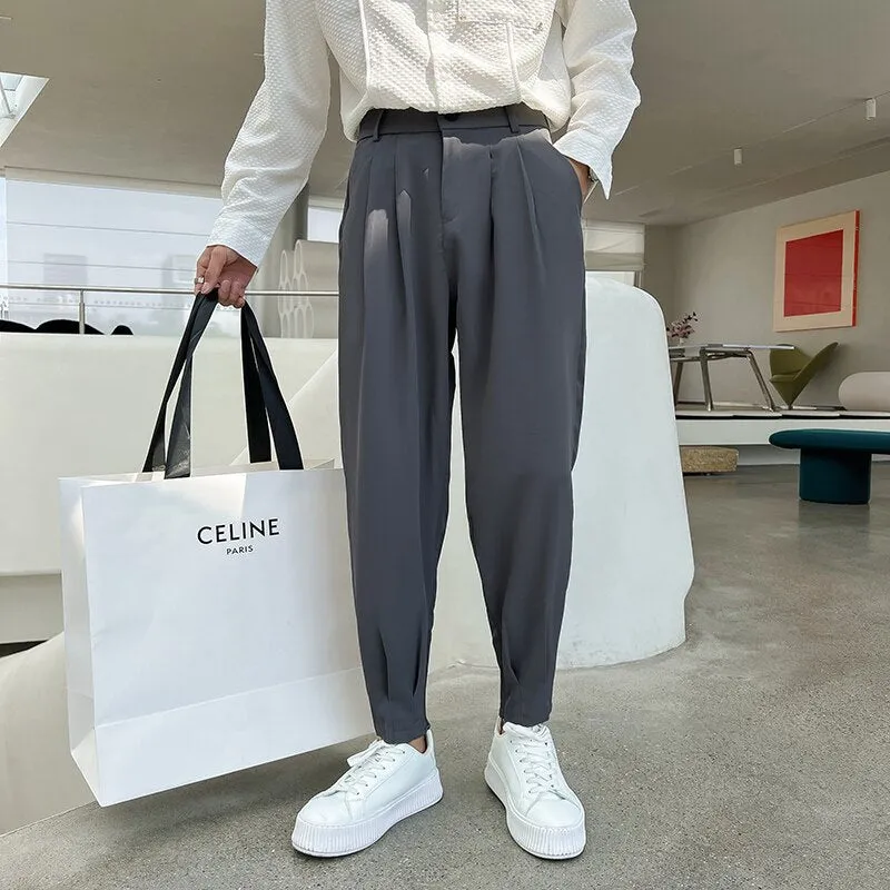 Autumn Men Solid Ankle-Length Tapered Trousers White Khaki Black