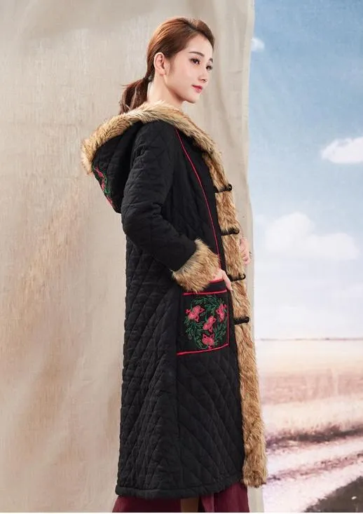 Autumn Winter New National Style Chinese Embroidery Cotton  Fur Collar Hooded Coat