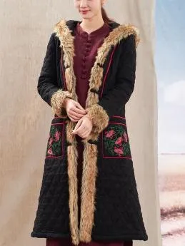 Autumn Winter New National Style Chinese Embroidery Cotton  Fur Collar Hooded Coat