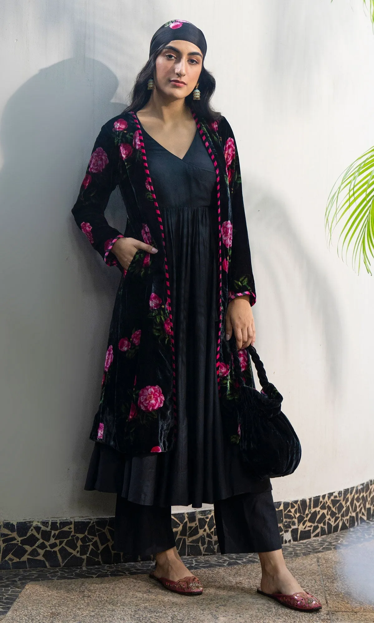 Bareen Silk velvet floral black jacket