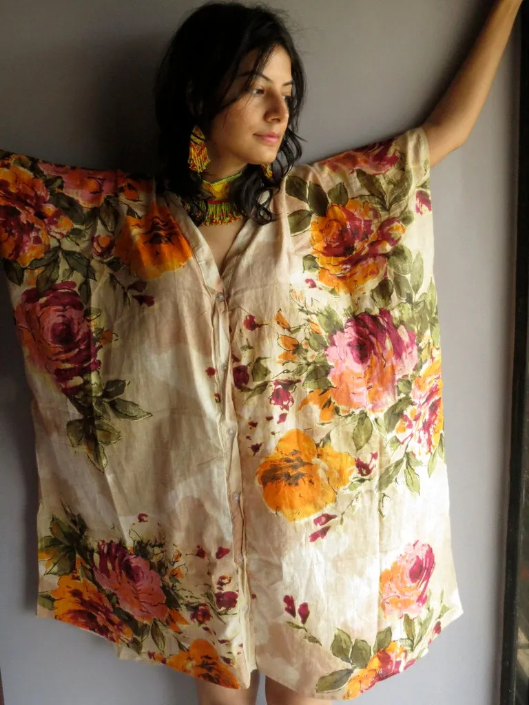 Beige Multicolor Big Flower V-Neck Full Button Down, Knee Length, Belted Caftan