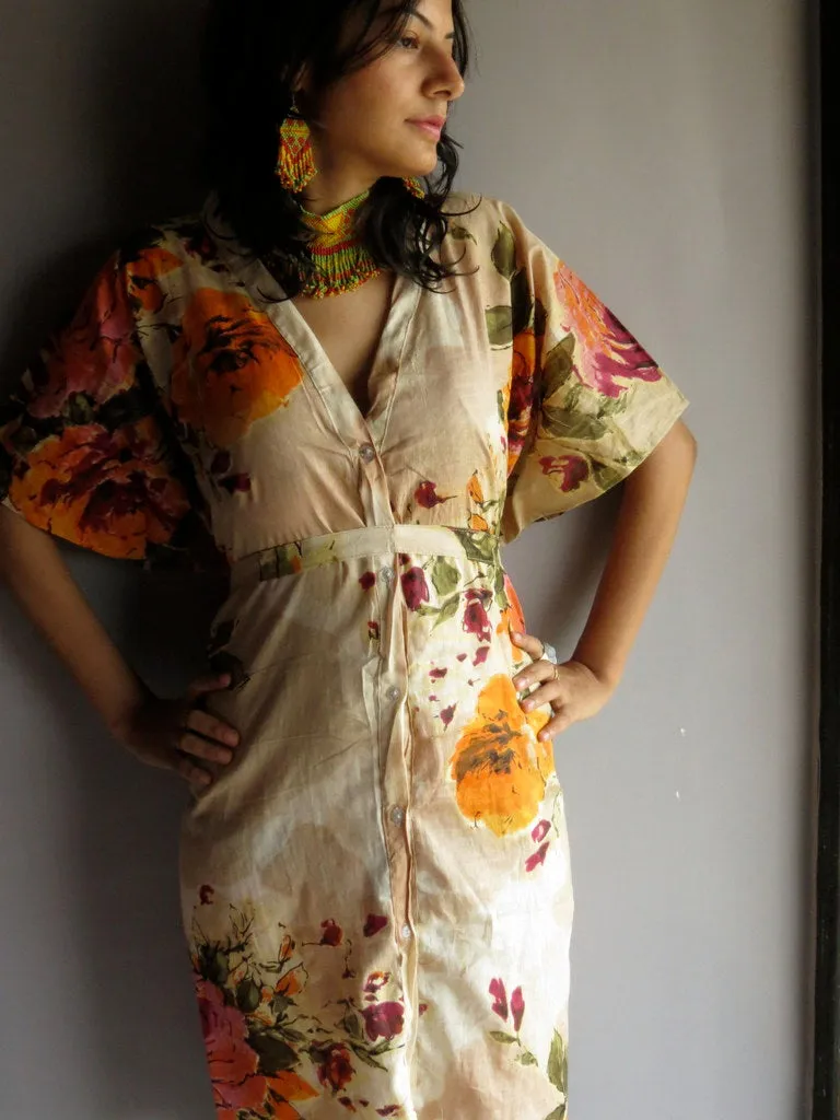 Beige Multicolor Big Flower V-Neck Full Button Down, Knee Length, Belted Caftan