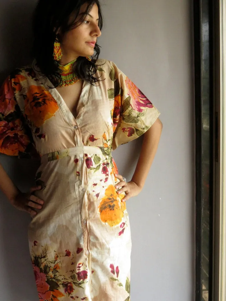 Beige Multicolor Big Flower V-Neck Full Button Down, Knee Length, Belted Caftan