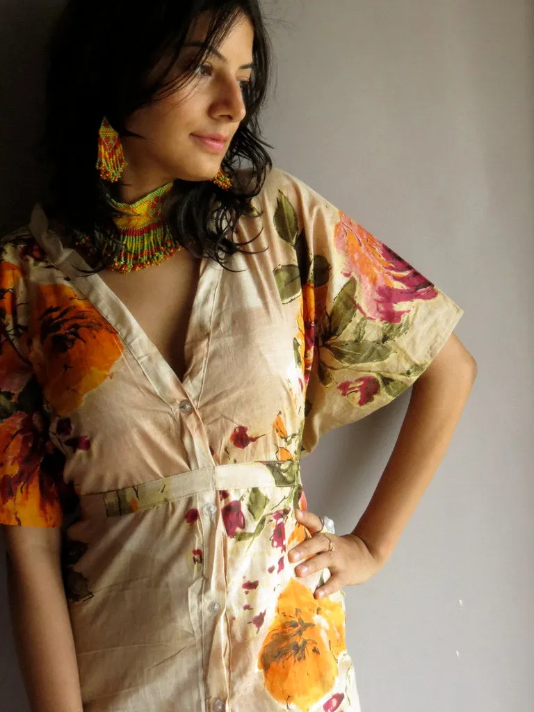 Beige Multicolor Big Flower V-Neck Full Button Down, Knee Length, Belted Caftan